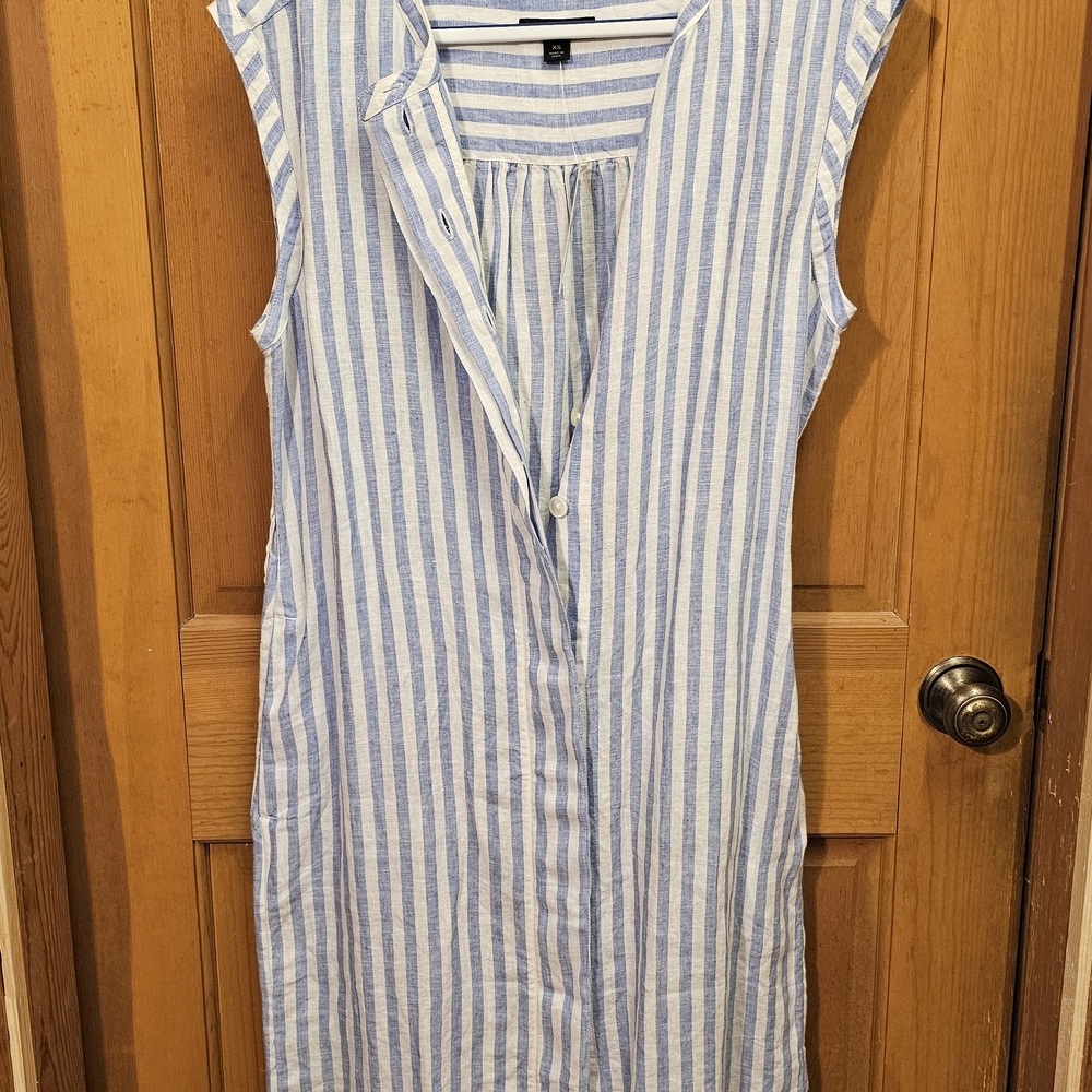 J. Crew Blue and White Striped Tie-Waist Linen Sleeveless Shirt Dress XS NWT